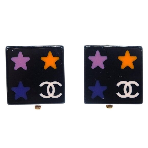 Chanel Square Earrings Clip-On Black 03A - Picture 1 of 4